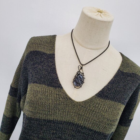 Womens XS Olive Black Striped Sweater Grungecore Knit Slouchy V-Neck Fall Top - Picture 7 of 15